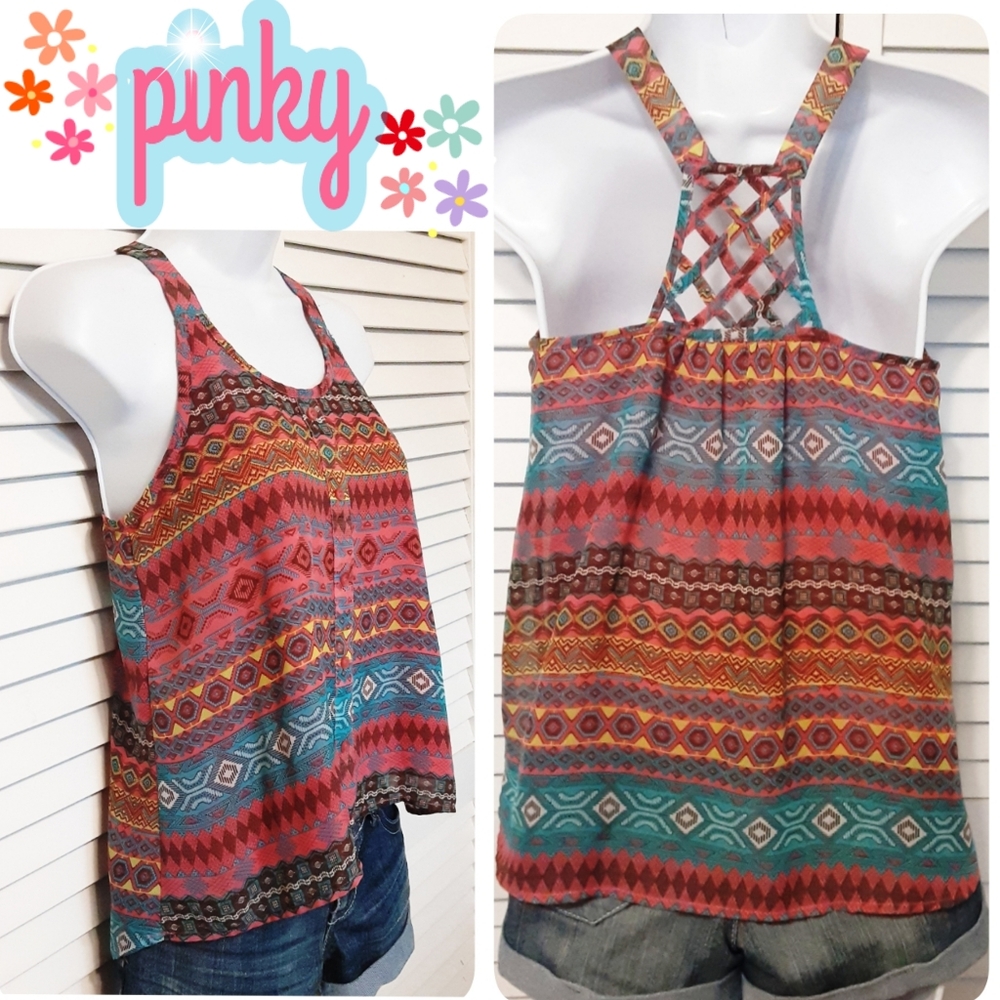 Pinky 2 layer High Low Racer Back Boho Print Top